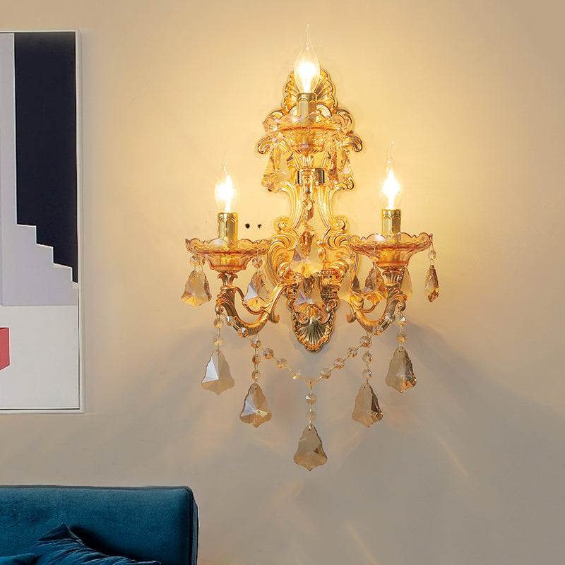 Contemporary Candelabra Wall Mount Light Crystal 3 Lights Living Room Sconce Light in Gold with Shade/Shadeless Clearhalo 'Cast Iron' 'Glass' 'Industrial' 'Modern wall lights' 'Modern' 'Tiffany' 'Traditional wall lights' 'Wall Lamps & Sconces' 'Wall Lights' Lighting' 560010