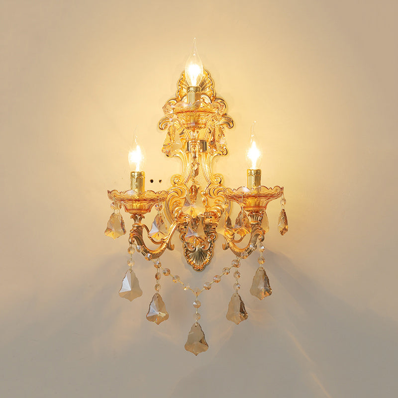 Contemporary Candelabra Wall Mount Light Crystal 3 Lights Living Room Sconce Light in Gold with Shade/Shadeless Clearhalo 'Cast Iron' 'Glass' 'Industrial' 'Modern wall lights' 'Modern' 'Tiffany' 'Traditional wall lights' 'Wall Lamps & Sconces' 'Wall Lights' Lighting' 560011