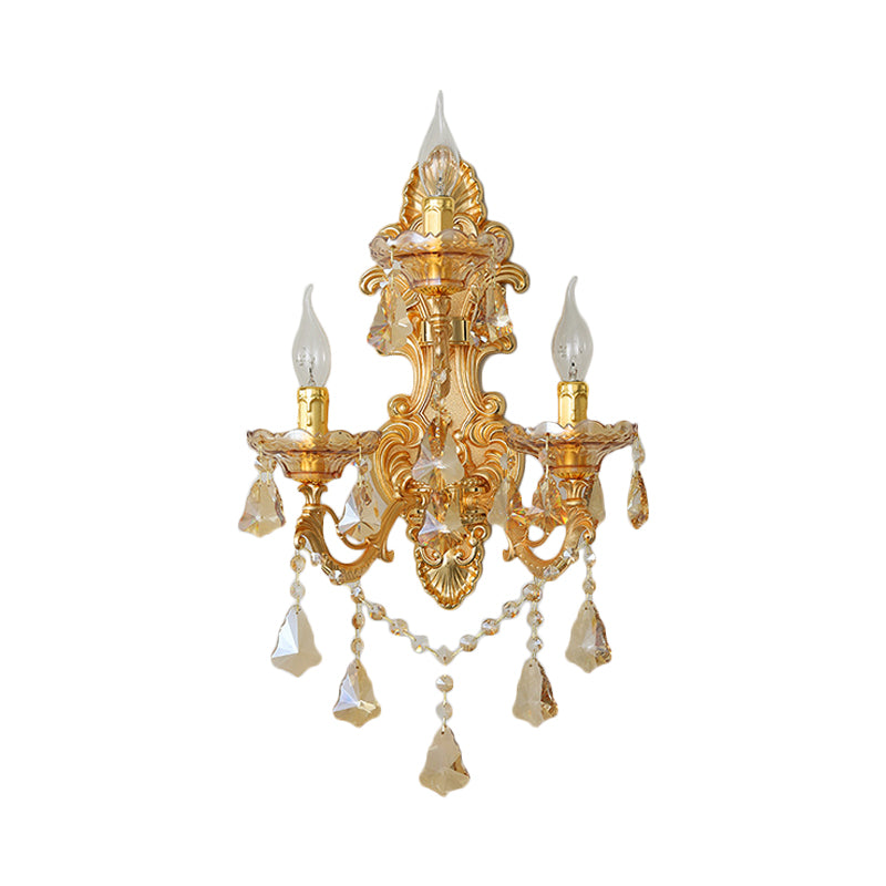 Contemporary Candelabra Wall Mount Light Crystal 3 Lights Living Room Sconce Light in Gold with Shade/Shadeless Clearhalo 'Cast Iron' 'Glass' 'Industrial' 'Modern wall lights' 'Modern' 'Tiffany' 'Traditional wall lights' 'Wall Lamps & Sconces' 'Wall Lights' Lighting' 560012