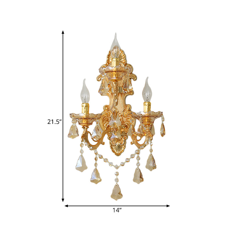 Contemporary Candelabra Wall Mount Light Crystal 3 Lights Living Room Sconce Light in Gold with Shade/Shadeless Clearhalo 'Cast Iron' 'Glass' 'Industrial' 'Modern wall lights' 'Modern' 'Tiffany' 'Traditional wall lights' 'Wall Lamps & Sconces' 'Wall Lights' Lighting' 560013