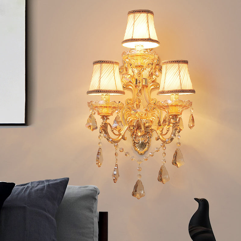 Contemporary Candelabra Wall Mount Light Crystal 3 Lights Living Room Sconce Light in Gold with Shade/Shadeless Gold With Shade Clearhalo 'Cast Iron' 'Glass' 'Industrial' 'Modern wall lights' 'Modern' 'Tiffany' 'Traditional wall lights' 'Wall Lamps & Sconces' 'Wall Lights' Lighting' 560014