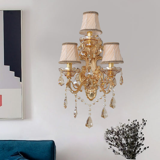 Contemporary Candelabra Wall Mount Light Crystal 3 Lights Living Room Sconce Light in Gold with Shade/Shadeless Clearhalo 'Cast Iron' 'Glass' 'Industrial' 'Modern wall lights' 'Modern' 'Tiffany' 'Traditional wall lights' 'Wall Lamps & Sconces' 'Wall Lights' Lighting' 560015