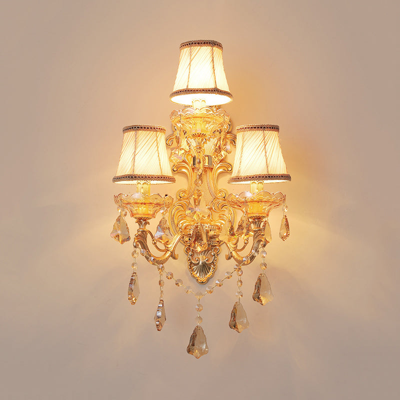 Contemporary Candelabra Wall Mount Light Crystal 3 Lights Living Room Sconce Light in Gold with Shade/Shadeless Clearhalo 'Cast Iron' 'Glass' 'Industrial' 'Modern wall lights' 'Modern' 'Tiffany' 'Traditional wall lights' 'Wall Lamps & Sconces' 'Wall Lights' Lighting' 560016