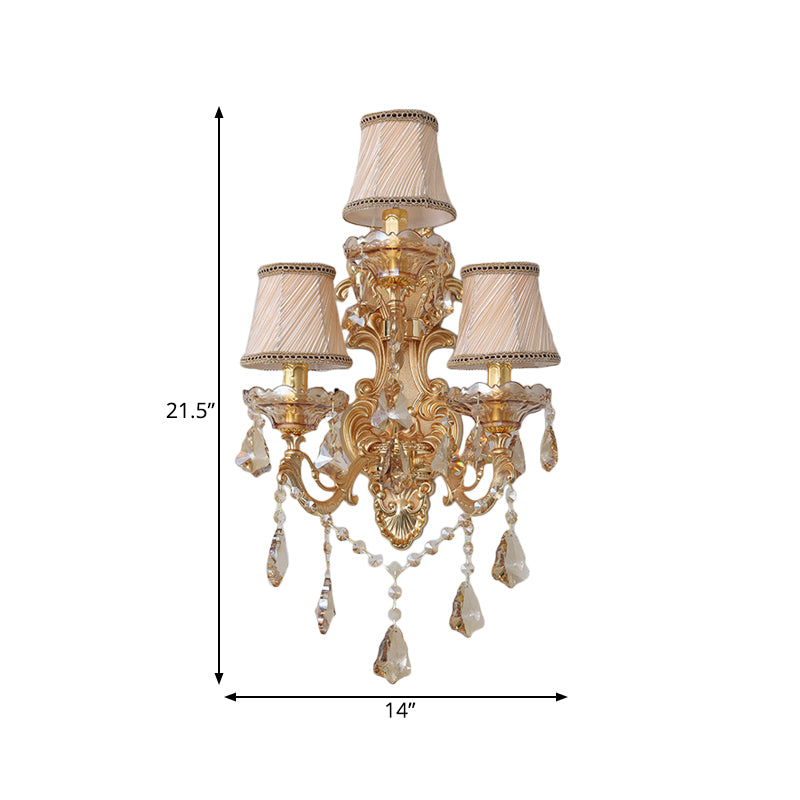 Contemporary Candelabra Wall Mount Light Crystal 3 Lights Living Room Sconce Light in Gold with Shade/Shadeless Clearhalo 'Cast Iron' 'Glass' 'Industrial' 'Modern wall lights' 'Modern' 'Tiffany' 'Traditional wall lights' 'Wall Lamps & Sconces' 'Wall Lights' Lighting' 560018