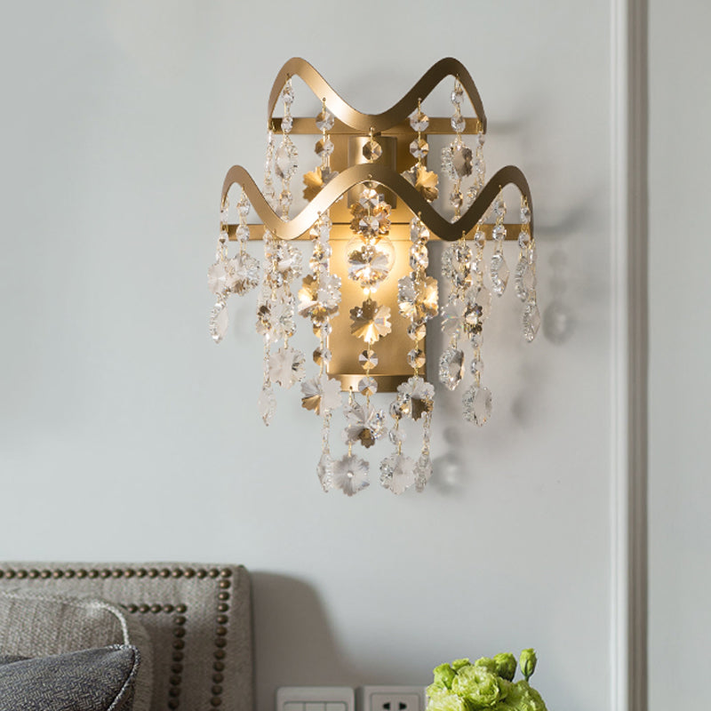 Wave Sconce Light Postmodern Metal 1 Light Gold Wall Mount Light with Flower Crystal/Shell Accent Gold A Clearhalo 'Modern wall lights' 'Modern' 'Wall Lamps & Sconces' 'Wall Lights' Lighting' 560019