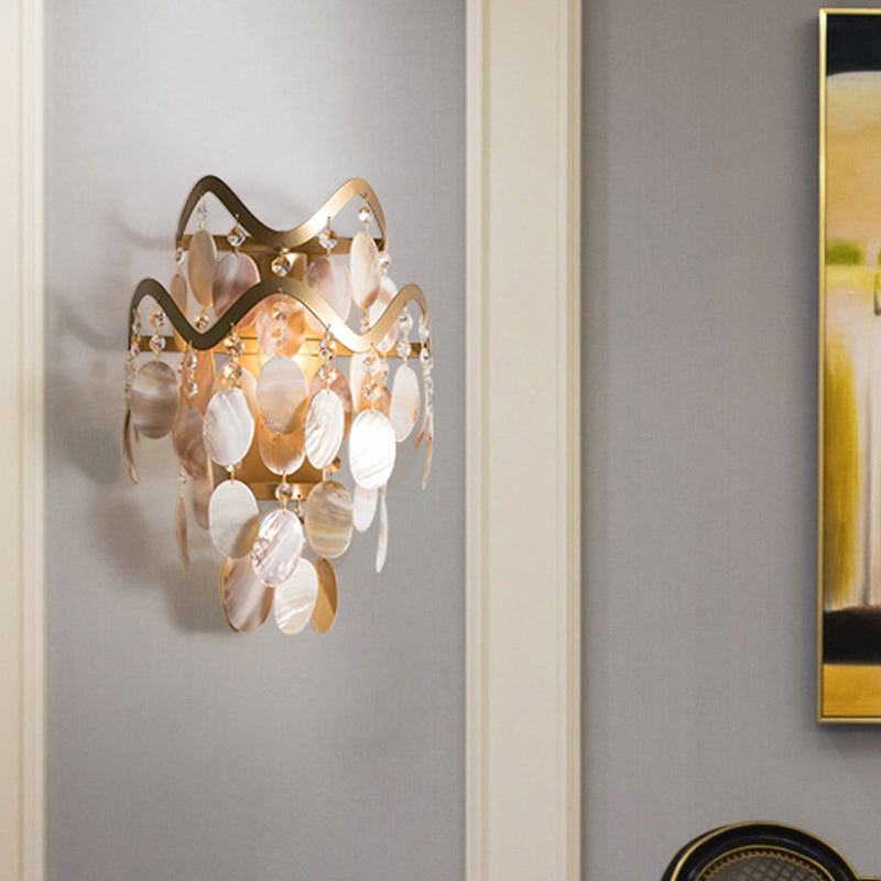 Wave Sconce Light Postmodern Metal 1 Light Gold Wall Mount Light with Flower Crystal/Shell Accent Clearhalo 'Modern wall lights' 'Modern' 'Wall Lamps & Sconces' 'Wall Lights' Lighting' 560025