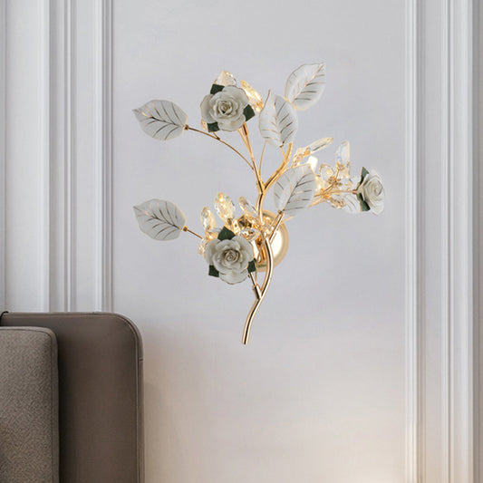Lodge Branch Wall Lamp Ceramic and Clear Crystal 3 Bulbs Bedroom Sconce Light with Rose and Leaf Design in Black/White White Clearhalo 'Modern wall lights' 'Modern' 'Wall Lamps & Sconces' 'Wall Lights' Lighting' 560029