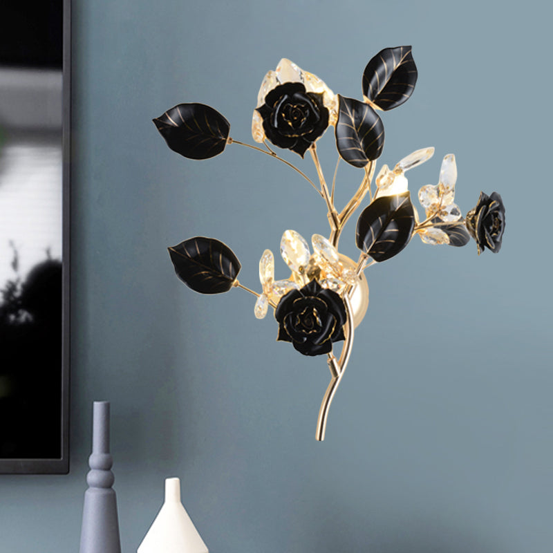 Lodge Branch Wall Lamp Ceramic and Clear Crystal 3 Bulbs Bedroom Sconce Light with Rose and Leaf Design in Black/White Black Clearhalo 'Modern wall lights' 'Modern' 'Wall Lamps & Sconces' 'Wall Lights' Lighting' 560034