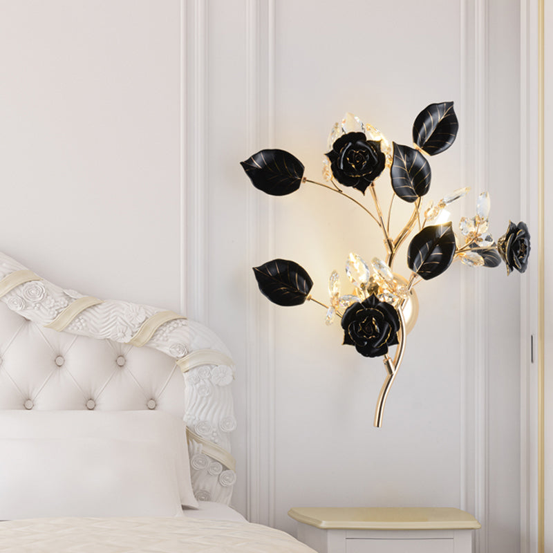 Lodge Branch Wall Lamp Ceramic and Clear Crystal 3 Bulbs Bedroom Sconce Light with Rose and Leaf Design in Black/White Clearhalo 'Modern wall lights' 'Modern' 'Wall Lamps & Sconces' 'Wall Lights' Lighting' 560035