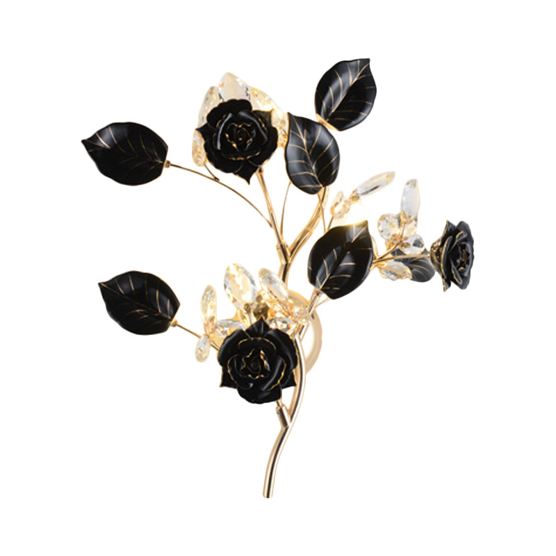 Lodge Branch Wall Lamp Ceramic and Clear Crystal 3 Bulbs Bedroom Sconce Light with Rose and Leaf Design in Black/White Clearhalo 'Modern wall lights' 'Modern' 'Wall Lamps & Sconces' 'Wall Lights' Lighting' 560036