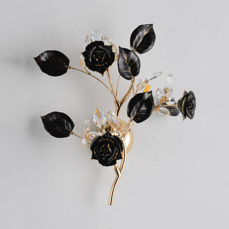 Lodge Branch Wall Lamp Ceramic and Clear Crystal 3 Bulbs Bedroom Sconce Light with Rose and Leaf Design in Black/White Clearhalo 'Modern wall lights' 'Modern' 'Wall Lamps & Sconces' 'Wall Lights' Lighting' 560037