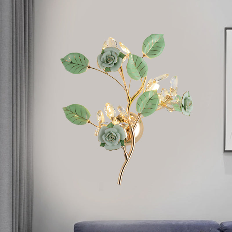 Lodge Branch Wall Lamp Ceramic and Clear Crystal 3 Bulbs Bedroom Sconce Light with Rose and Leaf Design in Black/White Clearhalo 'Modern wall lights' 'Modern' 'Wall Lamps & Sconces' 'Wall Lights' Lighting' 560039