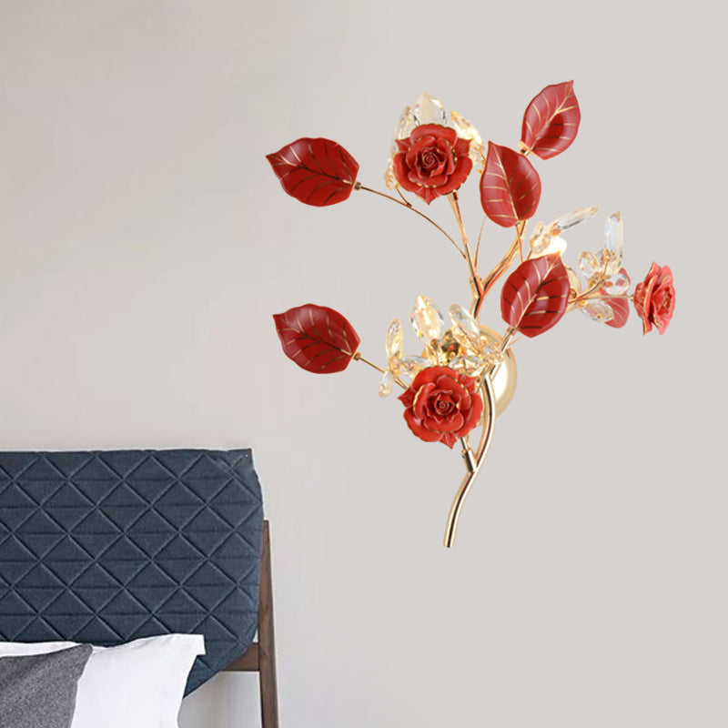 Lodge Branch Wall Lamp Ceramic and Clear Crystal 3 Bulbs Bedroom Sconce Light with Rose and Leaf Design in Black/White Red Clearhalo 'Modern wall lights' 'Modern' 'Wall Lamps & Sconces' 'Wall Lights' Lighting' 560042