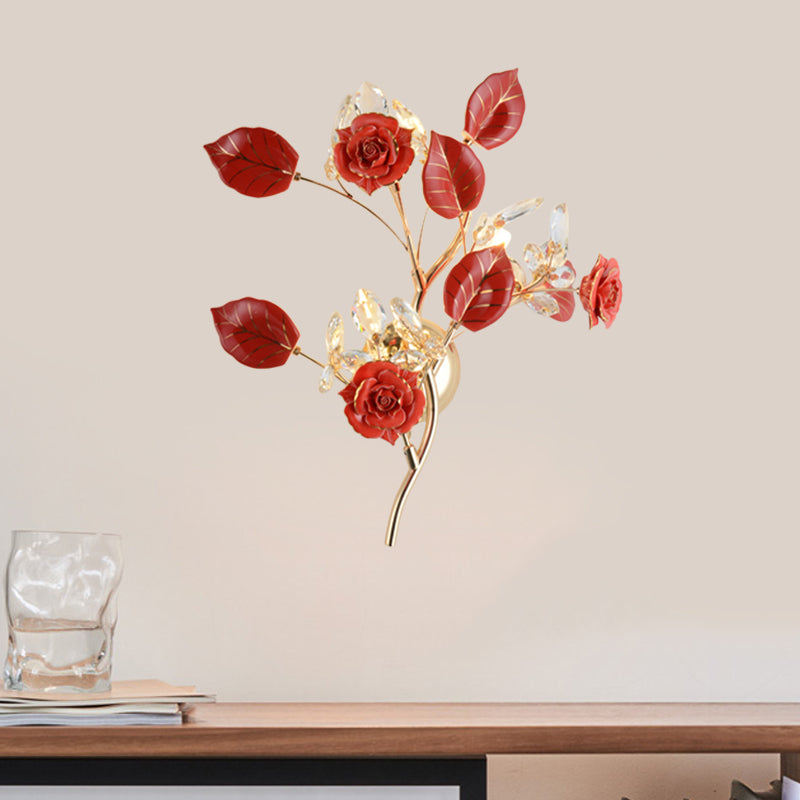 Lodge Branch Wall Lamp Ceramic and Clear Crystal 3 Bulbs Bedroom Sconce Light with Rose and Leaf Design in Black/White Clearhalo 'Modern wall lights' 'Modern' 'Wall Lamps & Sconces' 'Wall Lights' Lighting' 560043