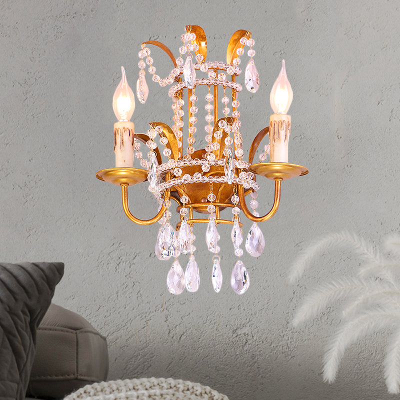 Clear Crystal Beaded Sconce Lighting Vintage Style 2 Heads Brass Wall Lamp with Open Bulb for Bedroom Clearhalo 'Cast Iron' 'Glass' 'Industrial' 'Modern wall lights' 'Modern' 'Tiffany' 'Traditional wall lights' 'Wall Lamps & Sconces' 'Wall Lights' Lighting' 560047