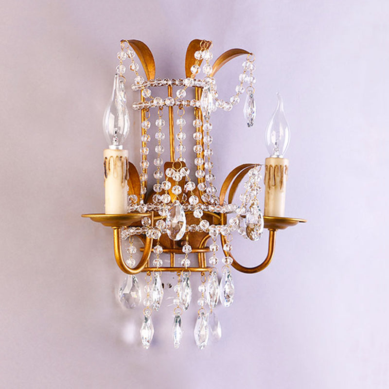 Clear Crystal Beaded Sconce Lighting Vintage Style 2 Heads Brass Wall Lamp with Open Bulb for Bedroom Clearhalo 'Cast Iron' 'Glass' 'Industrial' 'Modern wall lights' 'Modern' 'Tiffany' 'Traditional wall lights' 'Wall Lamps & Sconces' 'Wall Lights' Lighting' 560048