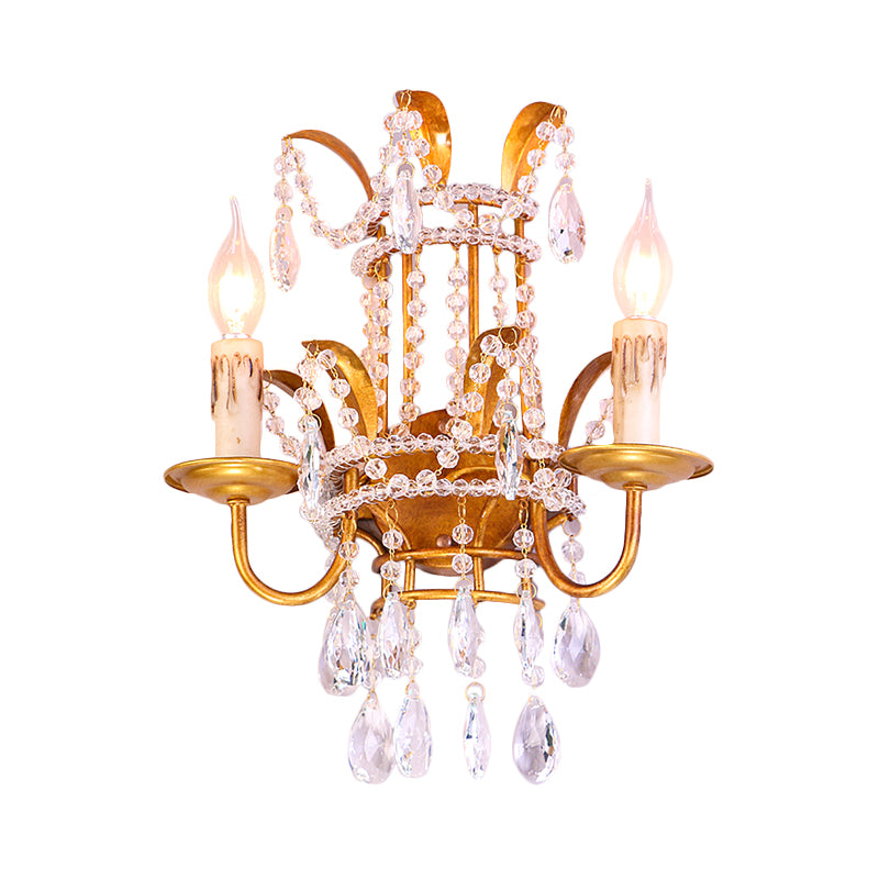 Clear Crystal Beaded Sconce Lighting Vintage Style 2 Heads Brass Wall Lamp with Open Bulb for Bedroom Clearhalo 'Cast Iron' 'Glass' 'Industrial' 'Modern wall lights' 'Modern' 'Tiffany' 'Traditional wall lights' 'Wall Lamps & Sconces' 'Wall Lights' Lighting' 560049