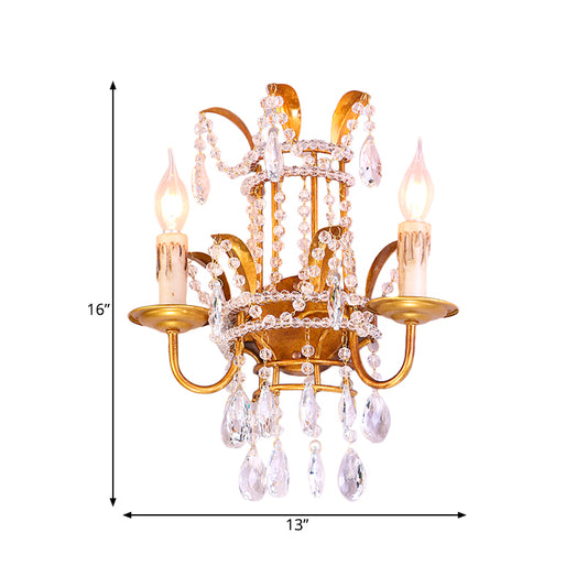 Clear Crystal Beaded Sconce Lighting Vintage Style 2 Heads Brass Wall Lamp with Open Bulb for Bedroom Clearhalo 'Cast Iron' 'Glass' 'Industrial' 'Modern wall lights' 'Modern' 'Tiffany' 'Traditional wall lights' 'Wall Lamps & Sconces' 'Wall Lights' Lighting' 560050