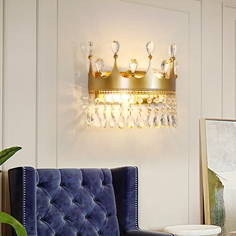 Golden Crown Wall Light Sconce Vintage Stylish 2 Lights Metal Wall Lamp with Clear Crystal Decoration Gold B Clearhalo 'Cast Iron' 'Glass' 'Industrial' 'Modern wall lights' 'Modern' 'Tiffany' 'Traditional wall lights' 'Wall Lamps & Sconces' 'Wall Lights' Lighting' 560051