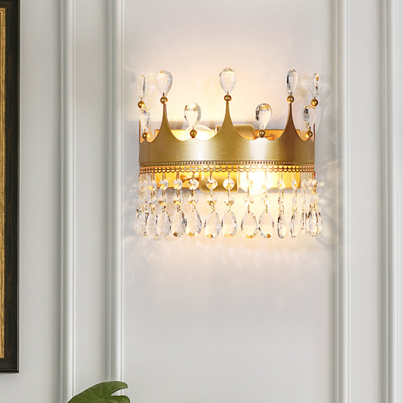 Golden Crown Wall Light Sconce Vintage Stylish 2 Lights Metal Wall Lamp with Clear Crystal Decoration Clearhalo 'Cast Iron' 'Glass' 'Industrial' 'Modern wall lights' 'Modern' 'Tiffany' 'Traditional wall lights' 'Wall Lamps & Sconces' 'Wall Lights' Lighting' 560052