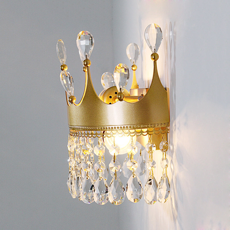 Golden Crown Wall Light Sconce Vintage Stylish 2 Lights Metal Wall Lamp with Clear Crystal Decoration Clearhalo 'Cast Iron' 'Glass' 'Industrial' 'Modern wall lights' 'Modern' 'Tiffany' 'Traditional wall lights' 'Wall Lamps & Sconces' 'Wall Lights' Lighting' 560053