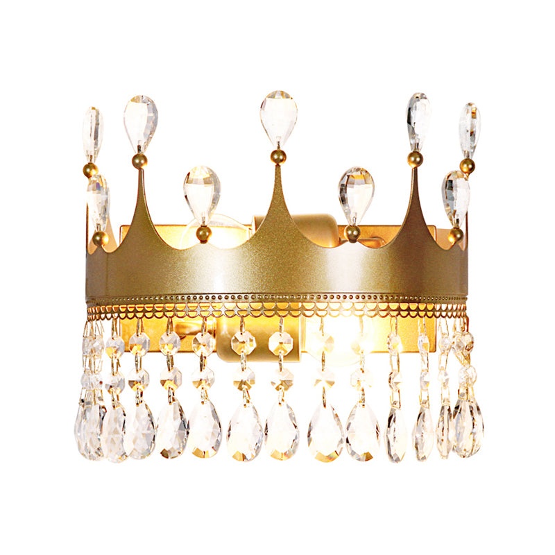 Golden Crown Wall Light Sconce Vintage Stylish 2 Lights Metal Wall Lamp with Clear Crystal Decoration Clearhalo 'Cast Iron' 'Glass' 'Industrial' 'Modern wall lights' 'Modern' 'Tiffany' 'Traditional wall lights' 'Wall Lamps & Sconces' 'Wall Lights' Lighting' 560054