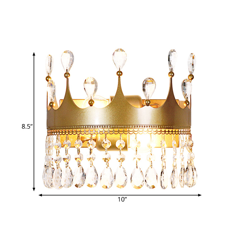 Golden Crown Wall Light Sconce Vintage Stylish 2 Lights Metal Wall Lamp with Clear Crystal Decoration Clearhalo 'Cast Iron' 'Glass' 'Industrial' 'Modern wall lights' 'Modern' 'Tiffany' 'Traditional wall lights' 'Wall Lamps & Sconces' 'Wall Lights' Lighting' 560055