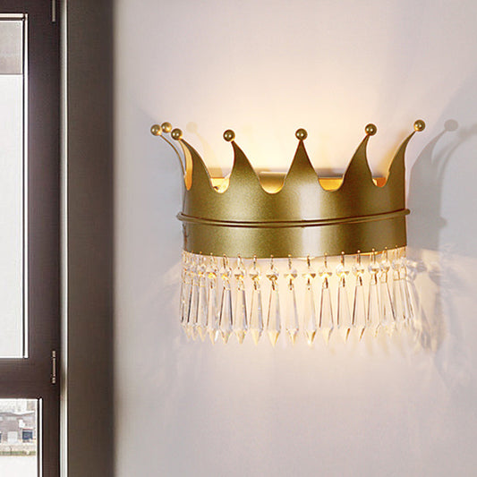 Golden Crown Wall Light Sconce Vintage Stylish 2 Lights Metal Wall Lamp with Clear Crystal Decoration Gold A Clearhalo 'Cast Iron' 'Glass' 'Industrial' 'Modern wall lights' 'Modern' 'Tiffany' 'Traditional wall lights' 'Wall Lamps & Sconces' 'Wall Lights' Lighting' 560056