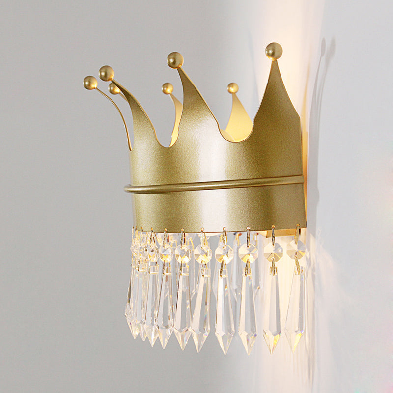 Golden Crown Wall Light Sconce Vintage Stylish 2 Lights Metal Wall Lamp with Clear Crystal Decoration Clearhalo 'Cast Iron' 'Glass' 'Industrial' 'Modern wall lights' 'Modern' 'Tiffany' 'Traditional wall lights' 'Wall Lamps & Sconces' 'Wall Lights' Lighting' 560058