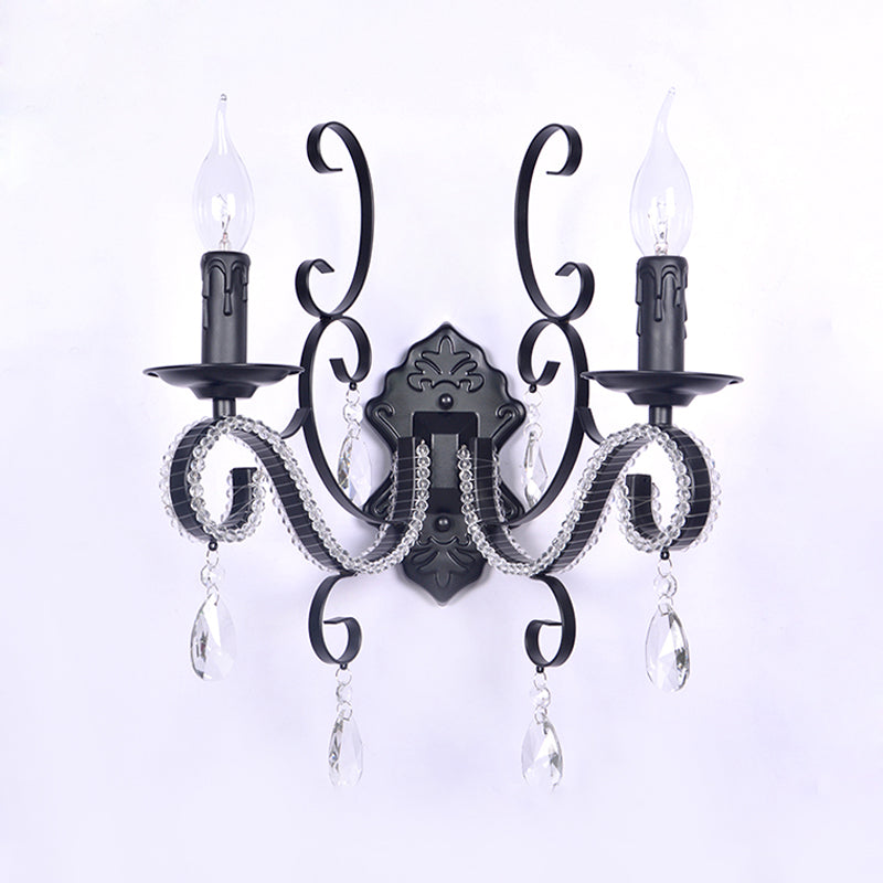 Vintage Candle Wall Mounted Lamp Metal 1/2-Head Bedroom Wall Light with Clear Crystal Accent in Black Finish Clearhalo 'Cast Iron' 'Glass' 'Industrial' 'Modern wall lights' 'Modern' 'Tiffany' 'Traditional wall lights' 'Wall Lamps & Sconces' 'Wall Lights' Lighting' 560064