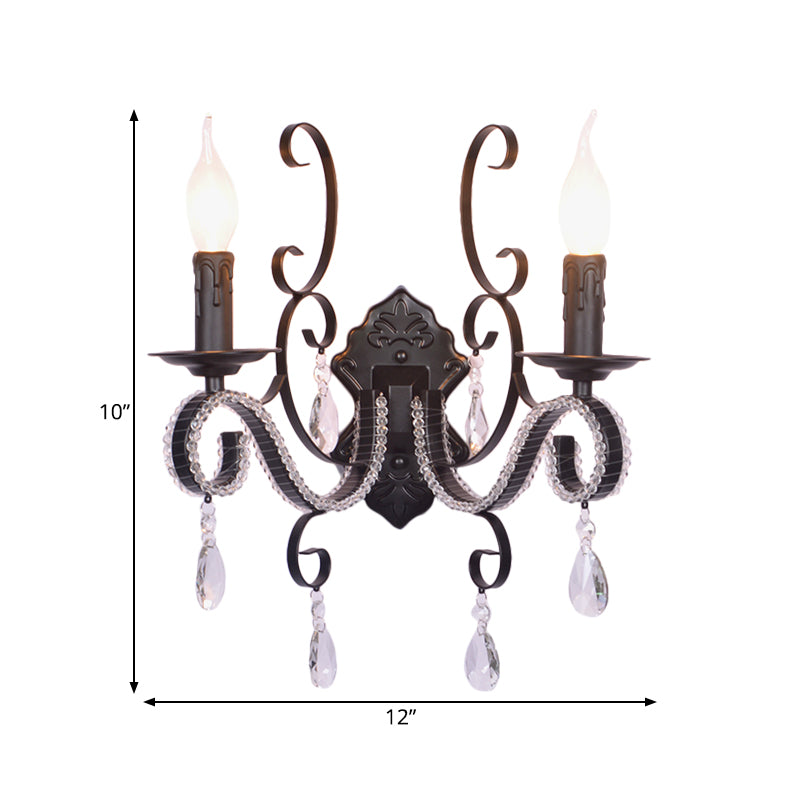 Vintage Candle Wall Mounted Lamp Metal 1/2-Head Bedroom Wall Light with Clear Crystal Accent in Black Finish Clearhalo 'Cast Iron' 'Glass' 'Industrial' 'Modern wall lights' 'Modern' 'Tiffany' 'Traditional wall lights' 'Wall Lamps & Sconces' 'Wall Lights' Lighting' 560065