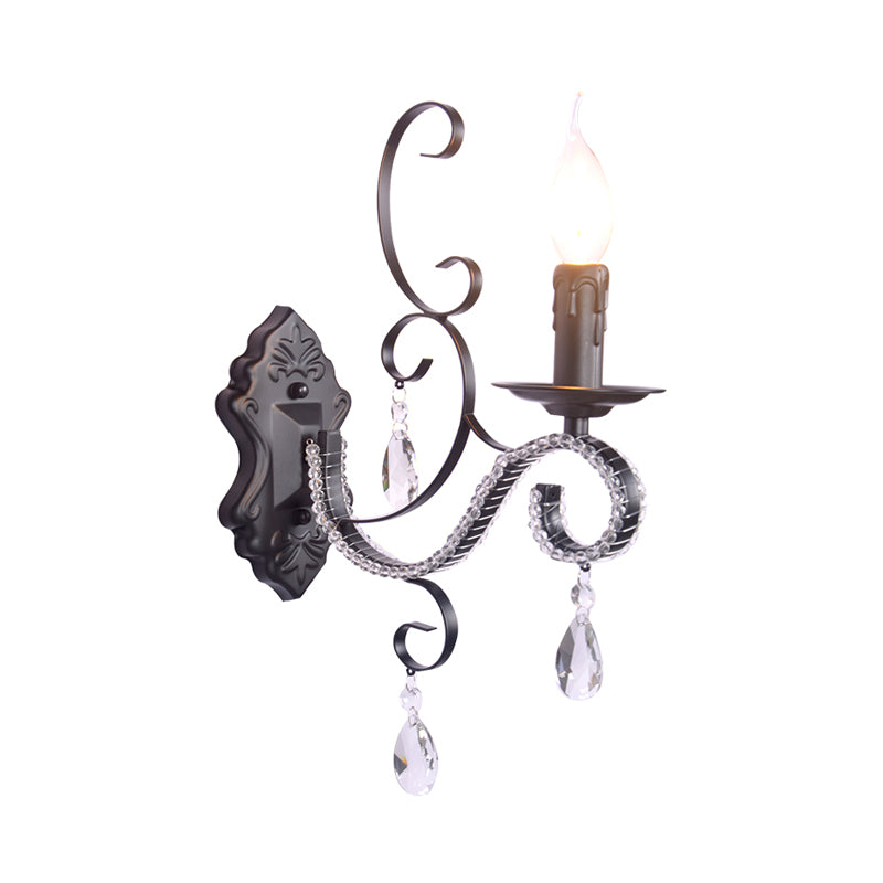 Vintage Candle Wall Mounted Lamp Metal 1/2-Head Bedroom Wall Light with Clear Crystal Accent in Black Finish Clearhalo 'Cast Iron' 'Glass' 'Industrial' 'Modern wall lights' 'Modern' 'Tiffany' 'Traditional wall lights' 'Wall Lamps & Sconces' 'Wall Lights' Lighting' 560068