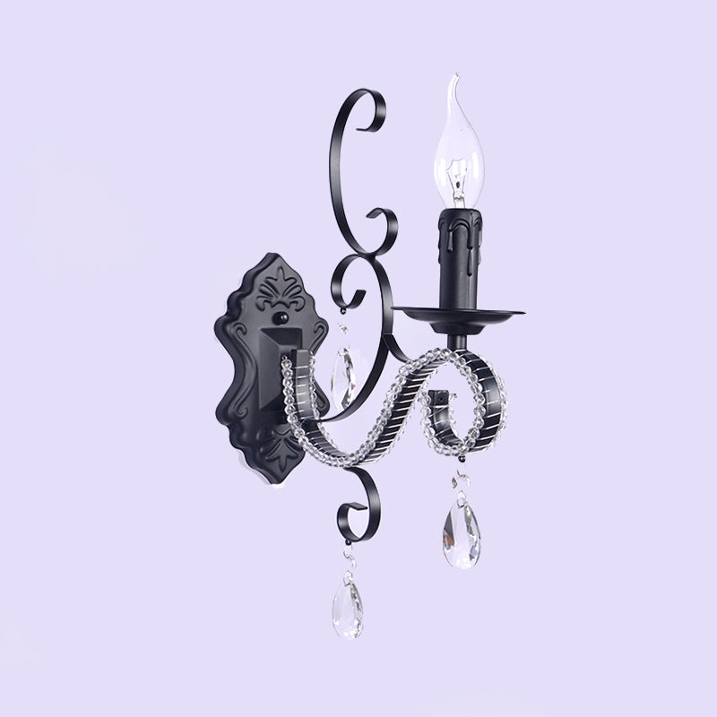 Vintage Candle Wall Mounted Lamp Metal 1/2-Head Bedroom Wall Light with Clear Crystal Accent in Black Finish Clearhalo 'Cast Iron' 'Glass' 'Industrial' 'Modern wall lights' 'Modern' 'Tiffany' 'Traditional wall lights' 'Wall Lamps & Sconces' 'Wall Lights' Lighting' 560069