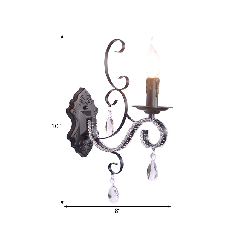 Vintage Candle Wall Mounted Lamp Metal 1/2-Head Bedroom Wall Light with Clear Crystal Accent in Black Finish Clearhalo 'Cast Iron' 'Glass' 'Industrial' 'Modern wall lights' 'Modern' 'Tiffany' 'Traditional wall lights' 'Wall Lamps & Sconces' 'Wall Lights' Lighting' 560070