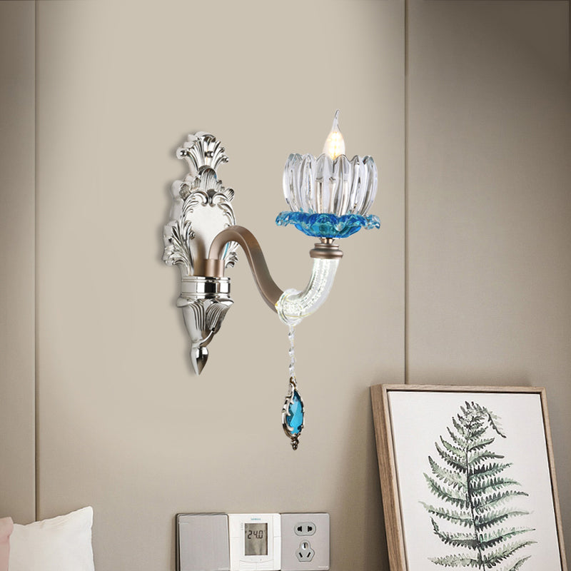 Clear Glass Floral Wall Light Modern Style 1/2-Light Chrome Finish Sconce Lamp with Metal and Crystal Arm 1.0 Chrome Clearhalo 'Modern wall lights' 'Modern' 'Wall Lamps & Sconces' 'Wall Lights' Lighting' 560071