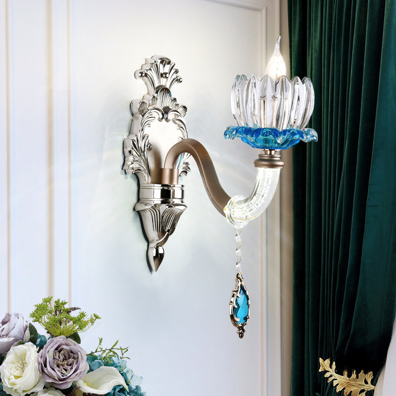 Clear Glass Floral Wall Light Modern Style 1/2-Light Chrome Finish Sconce Lamp with Metal and Crystal Arm Clearhalo 'Modern wall lights' 'Modern' 'Wall Lamps & Sconces' 'Wall Lights' Lighting' 560072