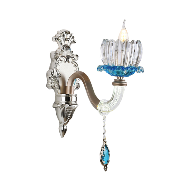 Clear Glass Floral Wall Light Modern Style 1/2-Light Chrome Finish Sconce Lamp with Metal and Crystal Arm Clearhalo 'Modern wall lights' 'Modern' 'Wall Lamps & Sconces' 'Wall Lights' Lighting' 560074