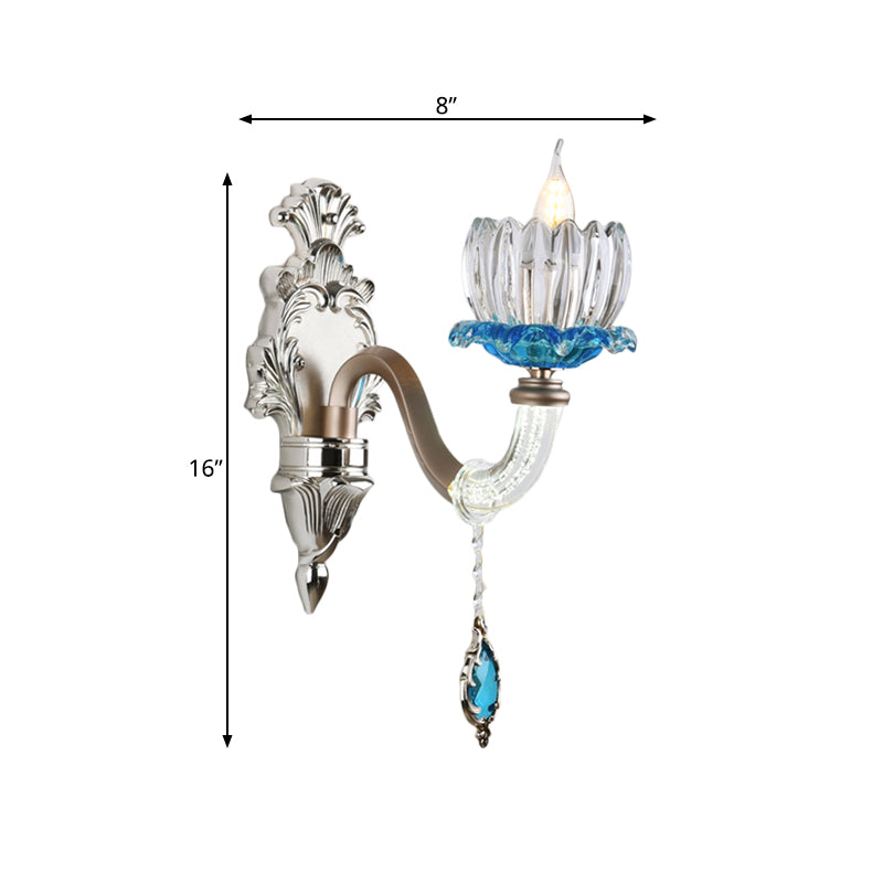 Clear Glass Floral Wall Light Modern Style 1/2-Light Chrome Finish Sconce Lamp with Metal and Crystal Arm Clearhalo 'Modern wall lights' 'Modern' 'Wall Lamps & Sconces' 'Wall Lights' Lighting' 560075