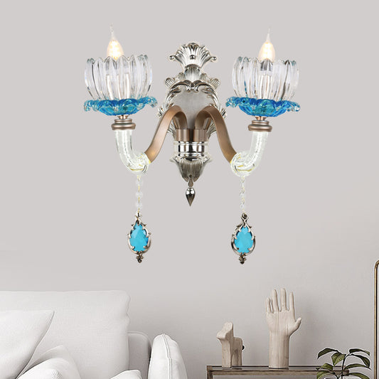 Clear Glass Floral Wall Light Modern Style 1/2-Light Chrome Finish Sconce Lamp with Metal and Crystal Arm 2.0 Chrome Clearhalo 'Modern wall lights' 'Modern' 'Wall Lamps & Sconces' 'Wall Lights' Lighting' 560076