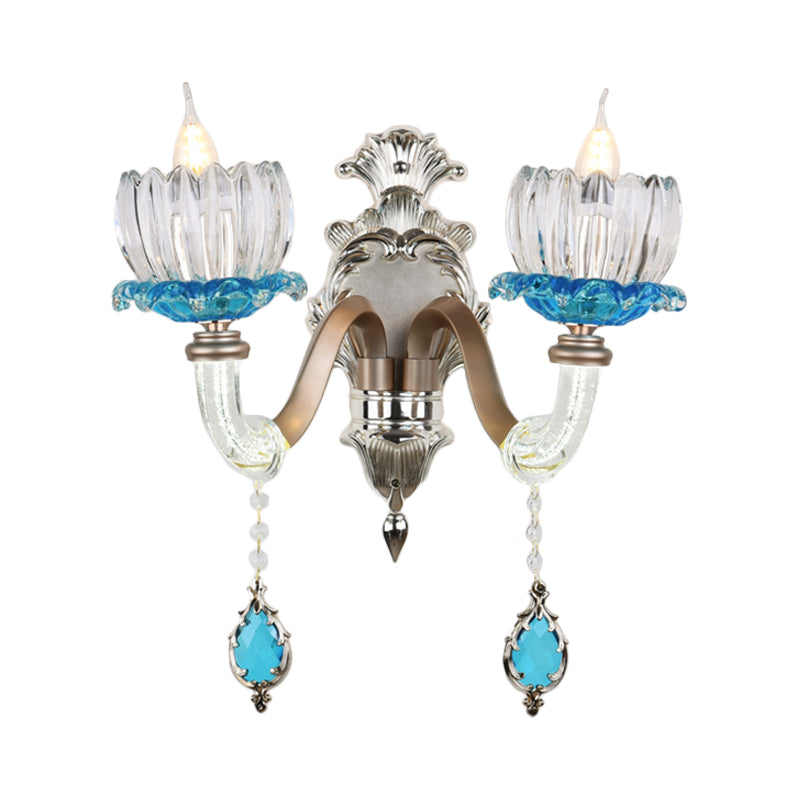 Clear Glass Floral Wall Light Modern Style 1/2-Light Chrome Finish Sconce Lamp with Metal and Crystal Arm Clearhalo 'Modern wall lights' 'Modern' 'Wall Lamps & Sconces' 'Wall Lights' Lighting' 560078