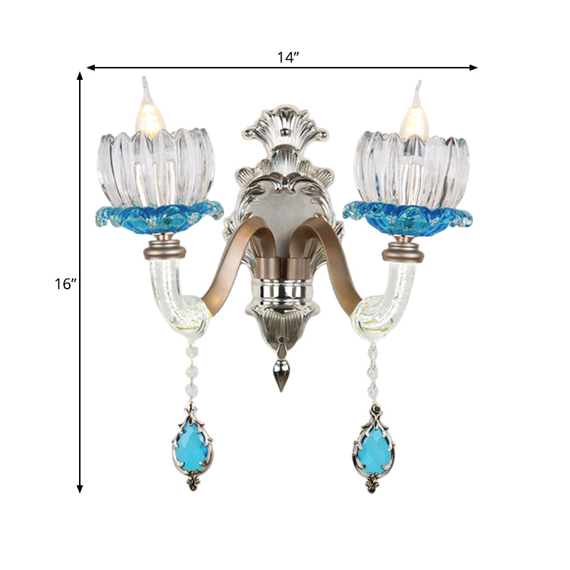 Clear Glass Floral Wall Light Modern Style 1/2-Light Chrome Finish Sconce Lamp with Metal and Crystal Arm Clearhalo 'Modern wall lights' 'Modern' 'Wall Lamps & Sconces' 'Wall Lights' Lighting' 560080