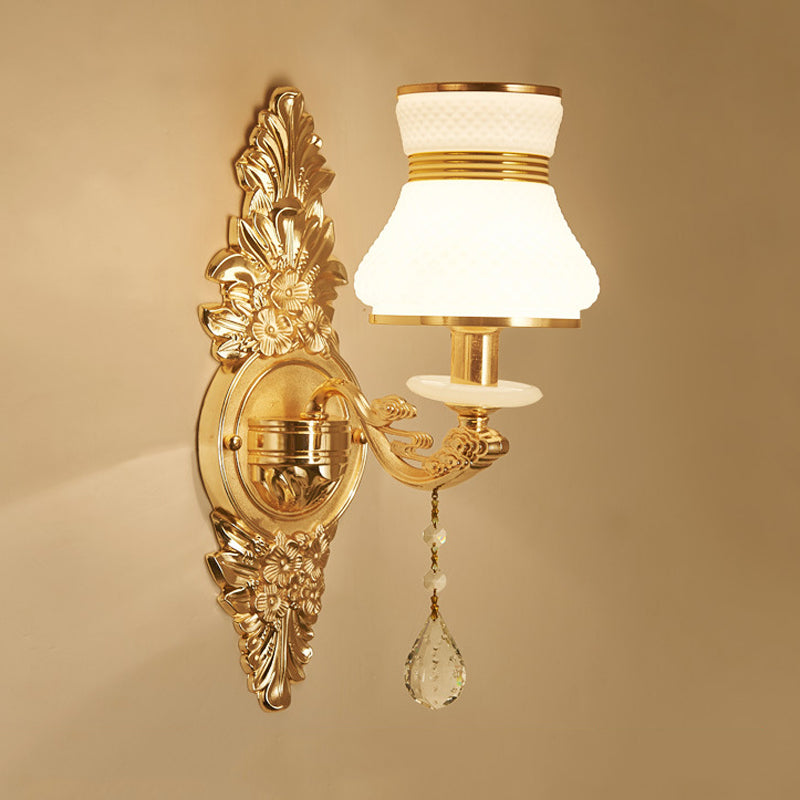 Bell Shade Living Room Wall Sconce Frosted Glass 1/2-Bulb Modern Style Wall Lighting with Carved Backplate in Gold 1.0 Gold Clearhalo 'Modern wall lights' 'Modern' 'Wall Lamps & Sconces' 'Wall Lights' Lighting' 560081