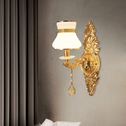 Bell Shade Living Room Wall Sconce Frosted Glass 1/2-Bulb Modern Style Wall Lighting with Carved Backplate in Gold Clearhalo 'Modern wall lights' 'Modern' 'Wall Lamps & Sconces' 'Wall Lights' Lighting' 560082