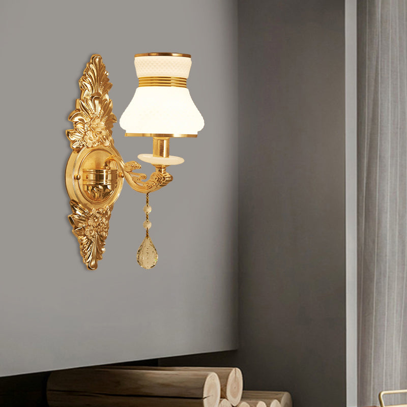 Bell Shade Living Room Wall Sconce Frosted Glass 1/2-Bulb Modern Style Wall Lighting with Carved Backplate in Gold Clearhalo 'Modern wall lights' 'Modern' 'Wall Lamps & Sconces' 'Wall Lights' Lighting' 560083