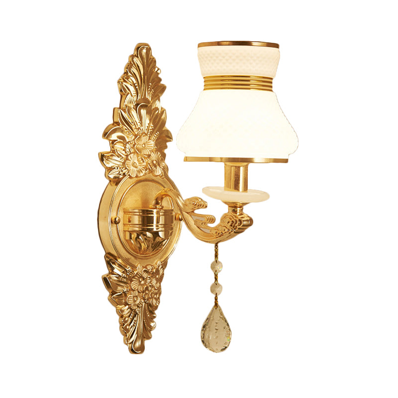 Bell Shade Living Room Wall Sconce Frosted Glass 1/2-Bulb Modern Style Wall Lighting with Carved Backplate in Gold Clearhalo 'Modern wall lights' 'Modern' 'Wall Lamps & Sconces' 'Wall Lights' Lighting' 560084