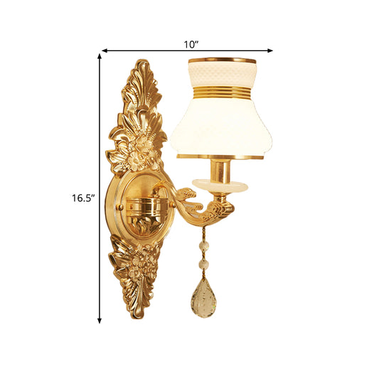 Bell Shade Living Room Wall Sconce Frosted Glass 1/2-Bulb Modern Style Wall Lighting with Carved Backplate in Gold Clearhalo 'Modern wall lights' 'Modern' 'Wall Lamps & Sconces' 'Wall Lights' Lighting' 560085