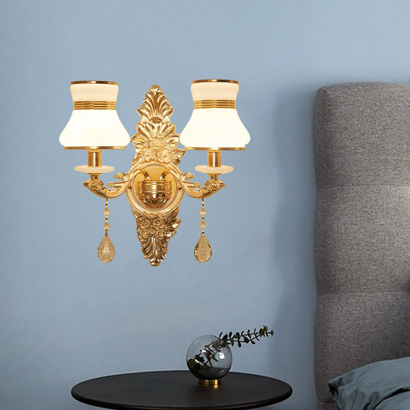 Bell Shade Living Room Wall Sconce Frosted Glass 1/2-Bulb Modern Style Wall Lighting with Carved Backplate in Gold Clearhalo 'Modern wall lights' 'Modern' 'Wall Lamps & Sconces' 'Wall Lights' Lighting' 560087