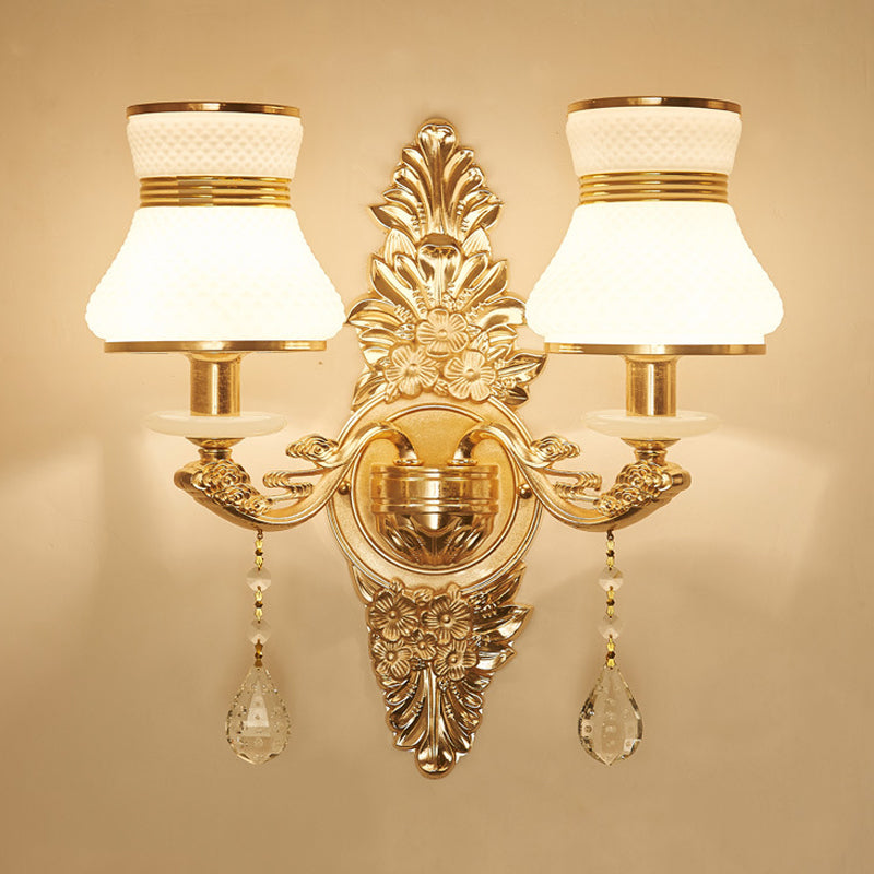 Bell Shade Living Room Wall Sconce Frosted Glass 1/2-Bulb Modern Style Wall Lighting with Carved Backplate in Gold Clearhalo 'Modern wall lights' 'Modern' 'Wall Lamps & Sconces' 'Wall Lights' Lighting' 560088