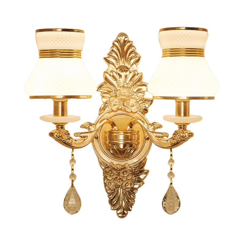 Bell Shade Living Room Wall Sconce Frosted Glass 1/2-Bulb Modern Style Wall Lighting with Carved Backplate in Gold Clearhalo 'Modern wall lights' 'Modern' 'Wall Lamps & Sconces' 'Wall Lights' Lighting' 560089