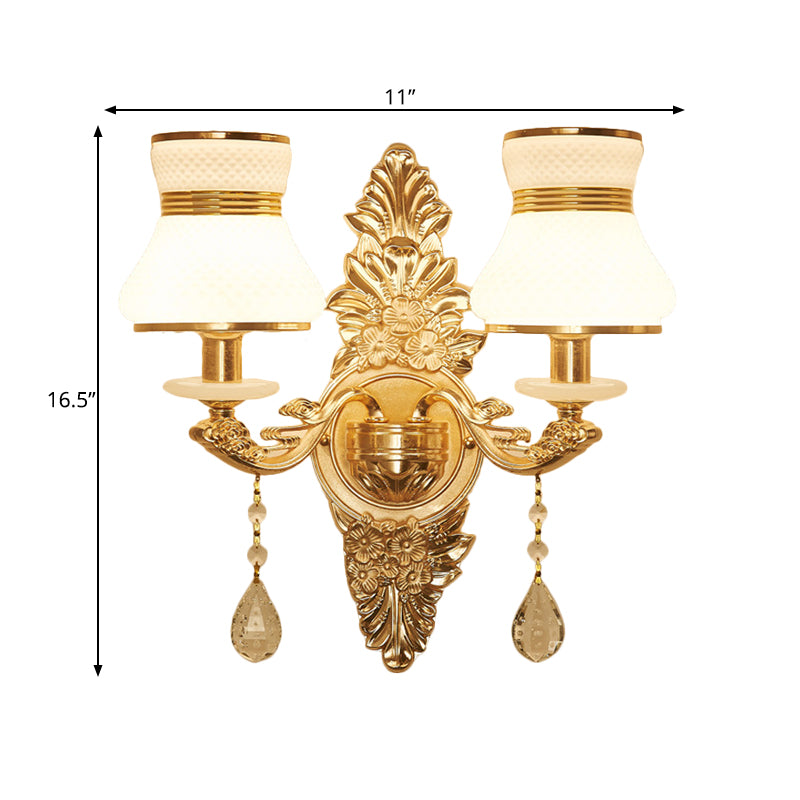 Bell Shade Living Room Wall Sconce Frosted Glass 1/2-Bulb Modern Style Wall Lighting with Carved Backplate in Gold Clearhalo 'Modern wall lights' 'Modern' 'Wall Lamps & Sconces' 'Wall Lights' Lighting' 560090